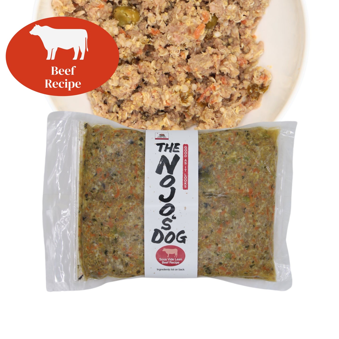The Nojo's Dog Lean Beef Recipe in the Original Vacuum Bag. An image of the packaging and food in a bowl to see the product itself. You can see the vibrant color of the cooked carrots, peas, quinoa, and beef 