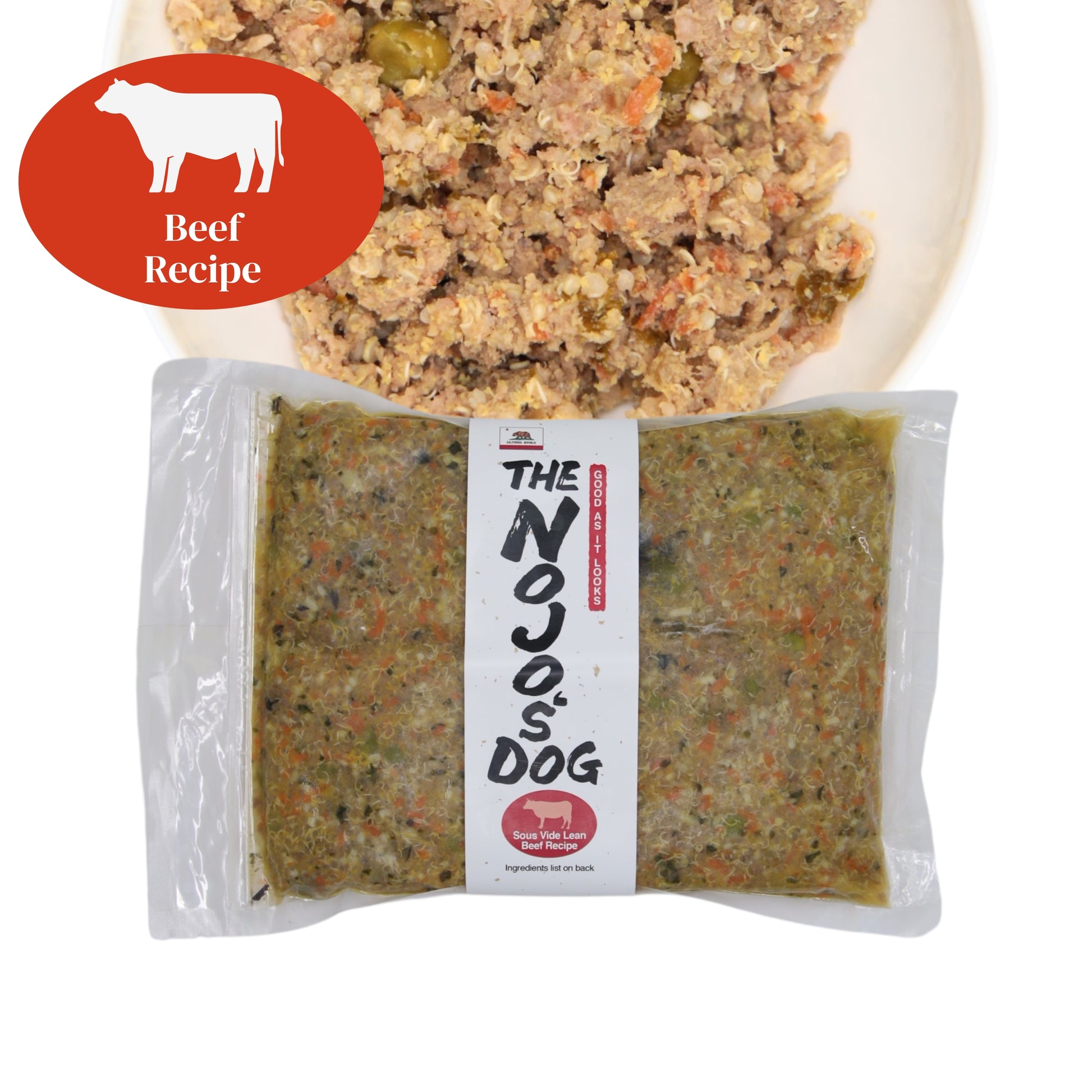 The Nojo's Dog Lean Beef Recipe in the Original Vacuum Bag. An image of the packaging and food in a bowl to see the product itself. You can see the vibrant color of the cooked carrots, peas, quinoa, and beef 