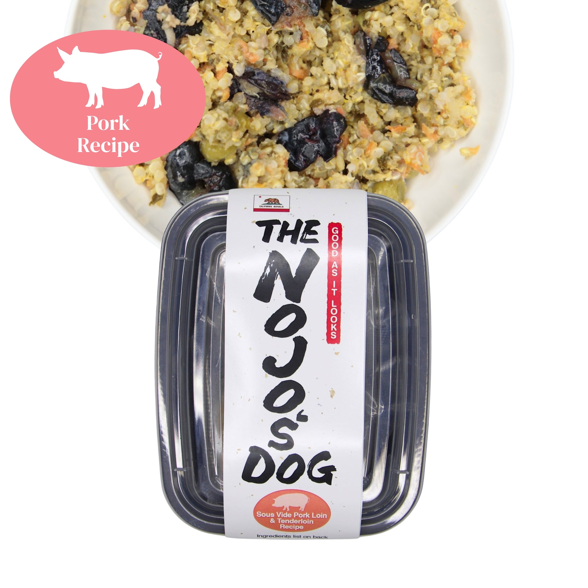 The Nojo's Dog Chicken Recipe in the Cube trial size includes two (2) cubes of 4oz. An image of the packaging and food in a bowl to see the product itself. You can see the vibrant color of the cooked blueberries, carrots, peas, quinoa, and pork