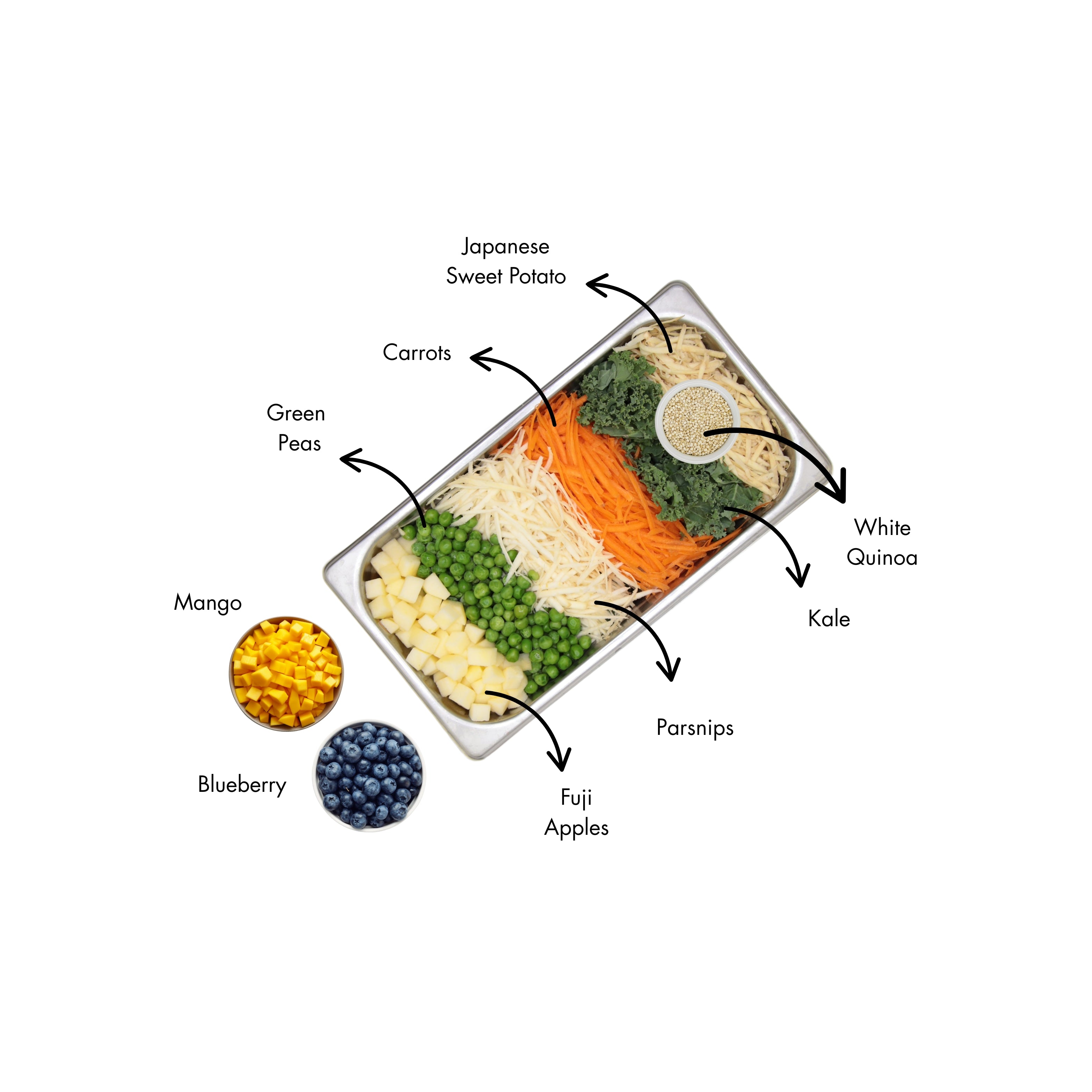The fruits and veggies we include in our recipes include Japanese sweet potato, carrots, green peas, white quinoa, kale, parsnips, fuji apples, mango, and blueberries
